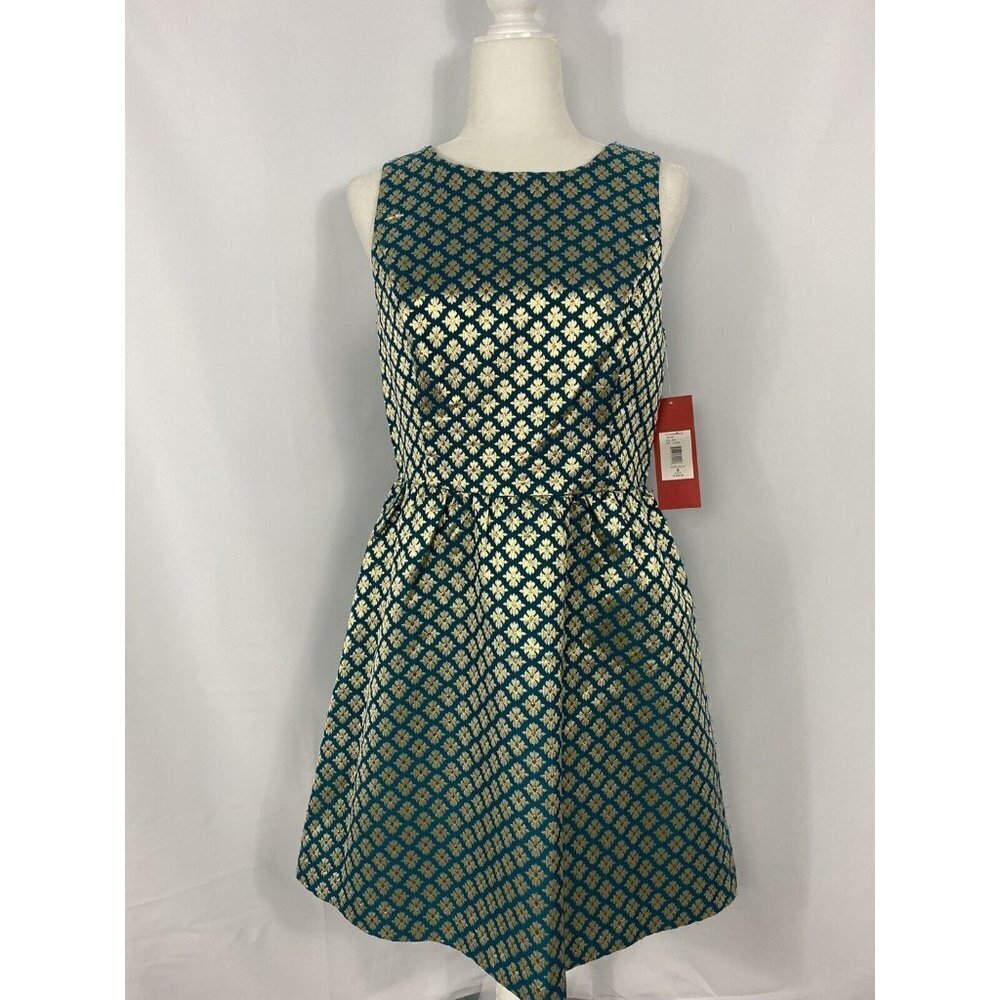 Carmen Marc Valvo Green Dress Gold Flower Women Size 8 $328 - Picture 3 of 5